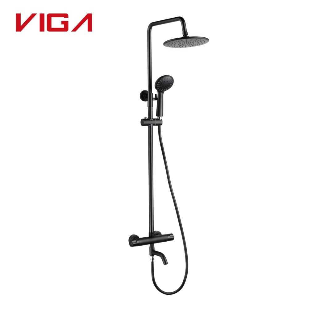 Round Design Thermostatic Shower Column Set With Swivel Spout In Matte Black