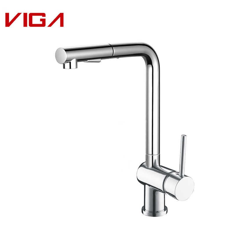 VIGA FAUCET, Kitchen Mixer, Kitchen Water Tap, Pull-out Kitchen Sink Faucet, Brass, Chrome Plated