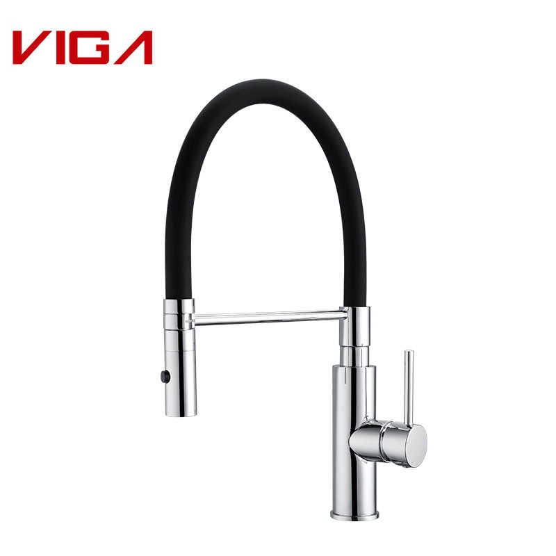 VIGA Kitchen Mixer, Kitchen Water Tap, Pull-out Kitchen Sink Faucet, Messing, Forkrommet