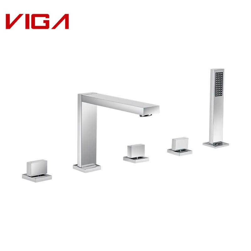 VIGA FAUCET, Deck-mounted 5-hole Bath Mixer, Bathroom Sink Faucet With Hand Shower, Brass, Chrome Plated