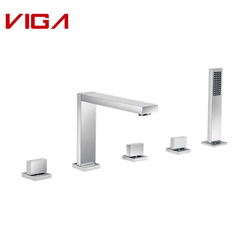 VIGA FAUCET, Deck-mounted 5-hole Bath Mixer, Bathroom Sink Faucet With Hand Shower, 黄铜, 镀铬