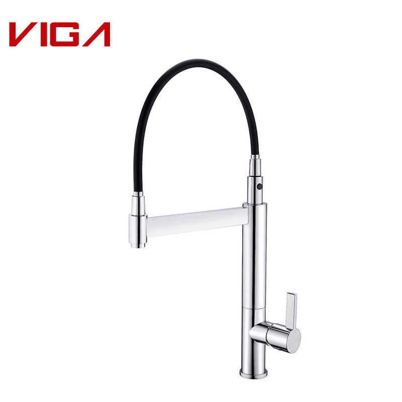 VIGA FAUCET, 厨房搅拌机, Kitchen Water Tap, Kitchen Faucet with Black Silicone Hose, 黄铜, 黑色和铬色