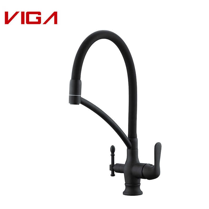 VIGA FAUCET, Pull-Out Kitchen Sink Faucet With Filter, 黄铜, Black Finish