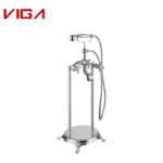 Brass Floor Mounted Bathtub Faucet With Hand Shower In Chrome Plated