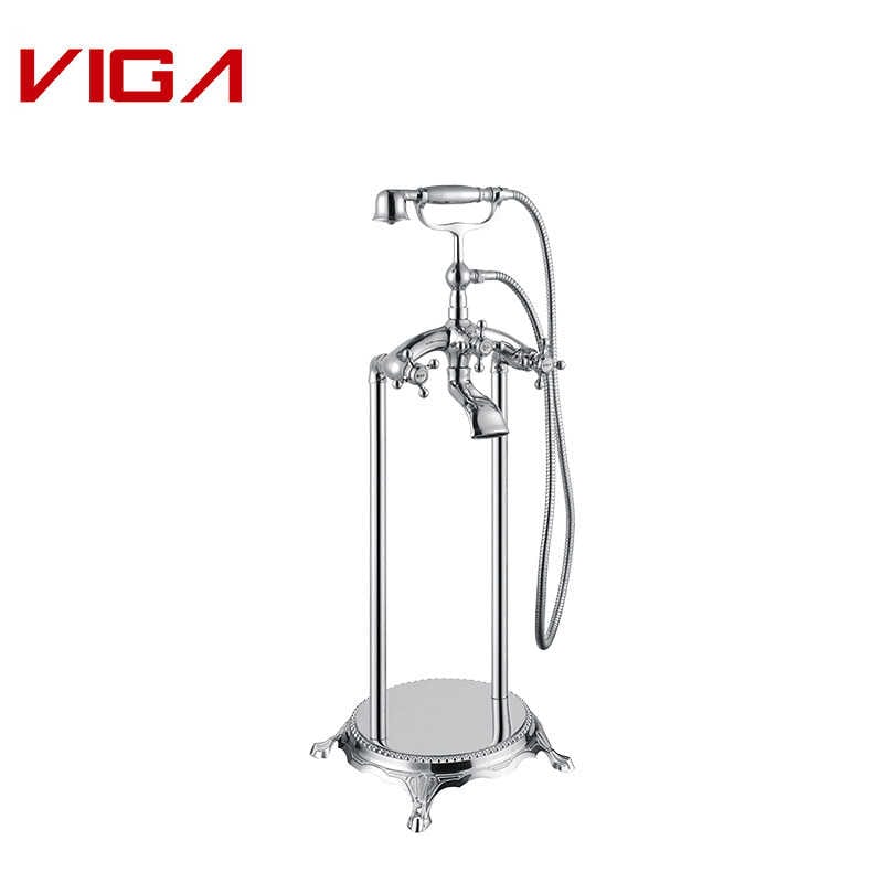 Brass Floor Mounted Bathtub Faucet With Hand Shower In Chrome Plated