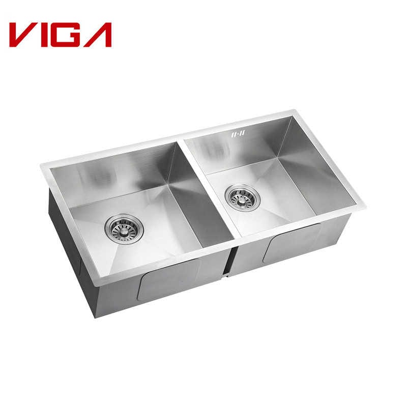 VIGA Faucet,  Stainless Steel SUS#304 Square Double Bowl Kitchen Sink,  Brushed Nickel
