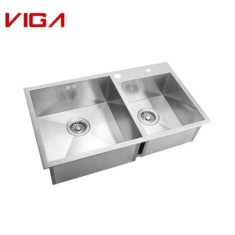 VIGA-kraan, Stainless Steel SUS#304 Brushed Nickle Square Double Bowl Kitchen Sink