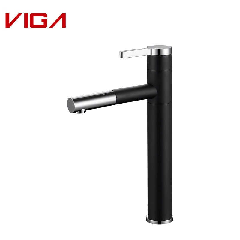 Mezclador de lavabo alto, Grifo monomando para lavabo de baño, Grifo para lavabo, Negro y cromo