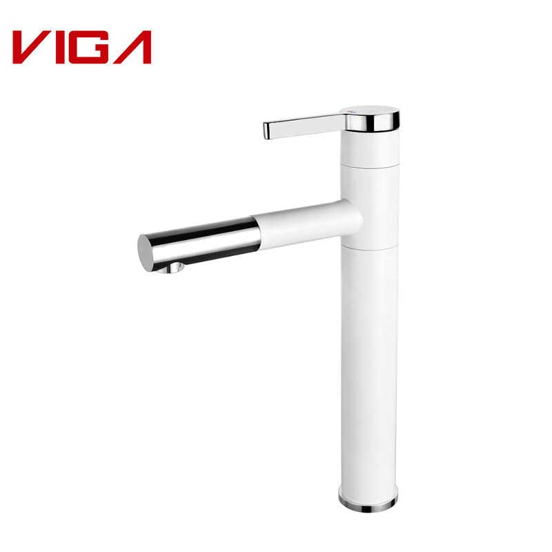 Single Handle High Basin Mixer, Bathroom Sink Faucet, Brass, White and Chrome