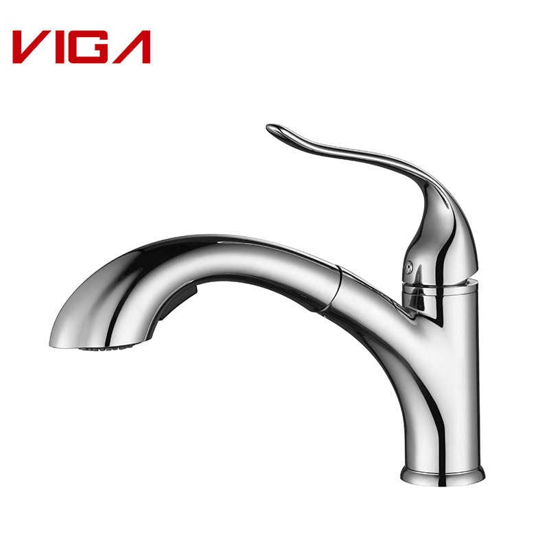 Kitchen Mixer Tap With Pull-Out Sprayer, Месинг, Хромирана