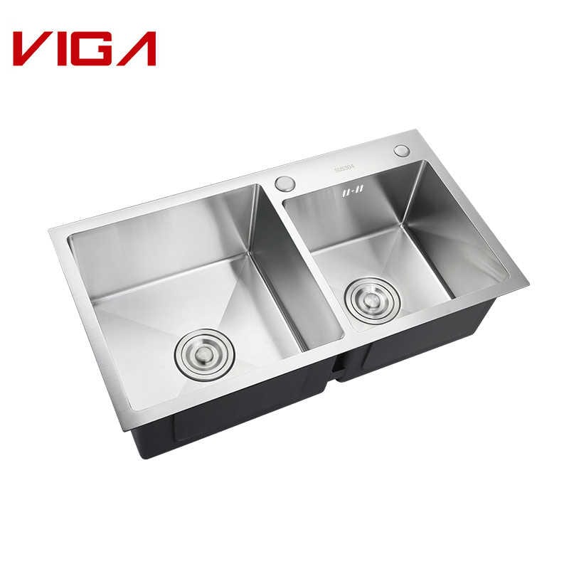 Square Double Kitchen Sink, Kitchenware Stainless Steel SUS#304 in Brushed Nickle