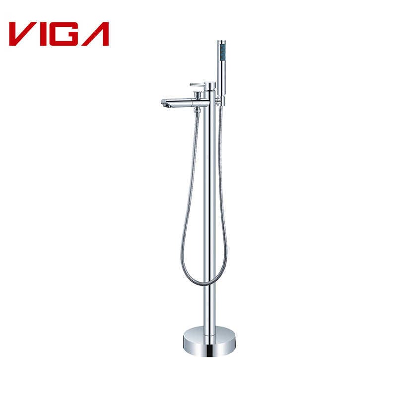 Brass Floor Mounted Bath Mixer With Brass Hand Shower, Cromado