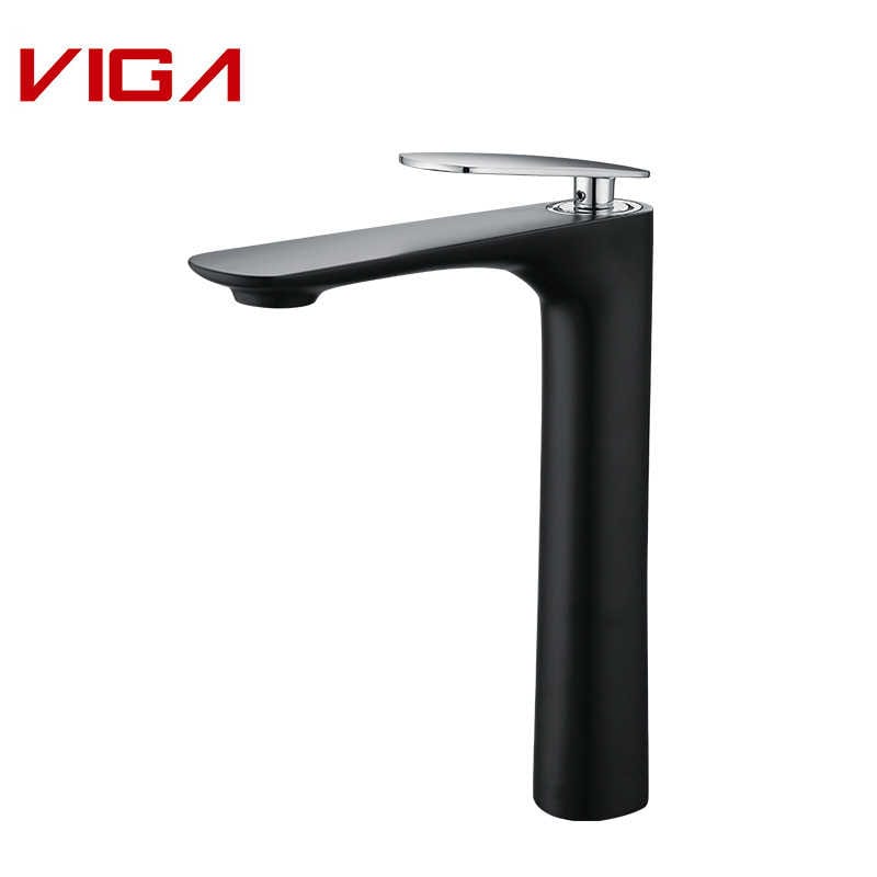 Mezclador de lavabo alto, Grifo monomando para lavabo de baño, Grifo para lavabo, Negro y cromo