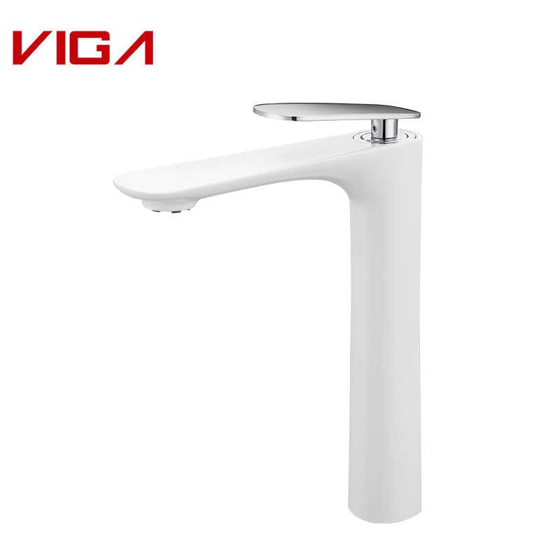 High Basin Mixer, Single Lever Bathroom Sink Faucet, Basin Tap, Chrome and White