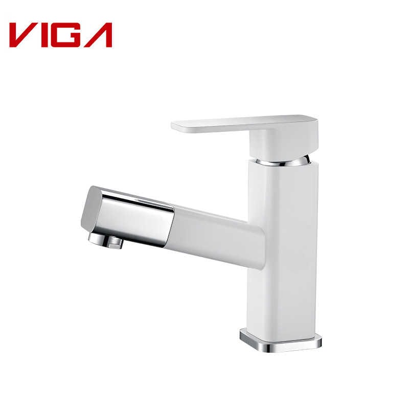 Pull-out Basin Faucet, 黄铜, White and Chrome