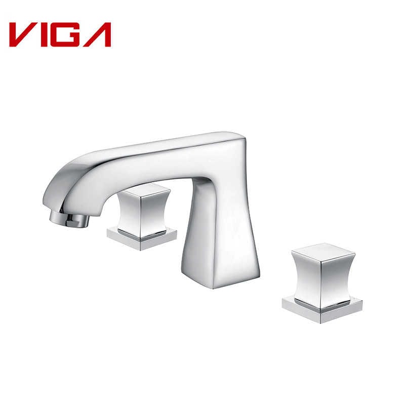 ကုန်းပတ်တွင် တပ်ဆင်ထားသော 3-ပေါက် Basin Mixer, Handle Basin Mixer နှစ်ခု, 8-လက်မ ရေချိုးခန်း Faucet, Brass, Chrome Plated