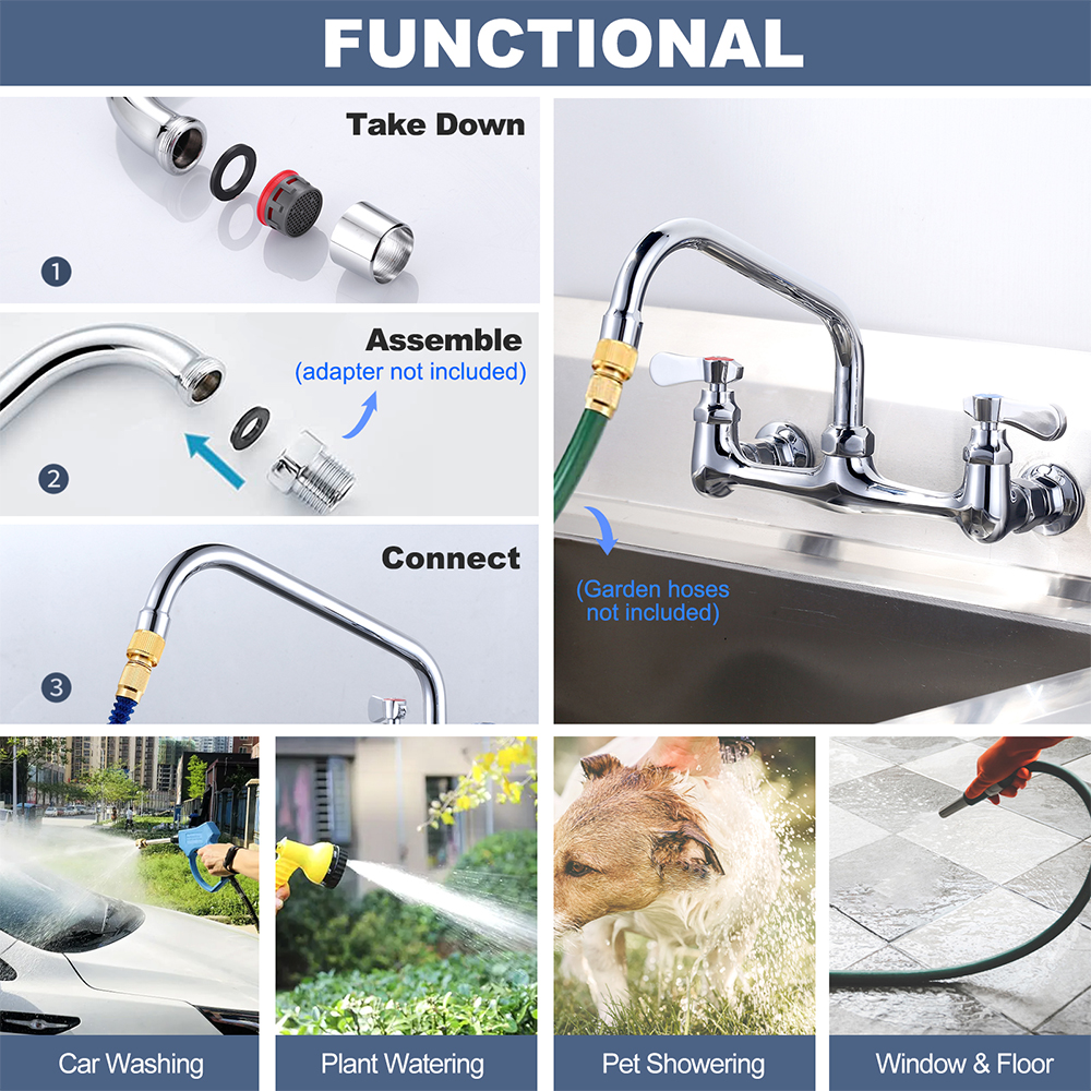 Wall mounted commercial kitchen mixer faucet with long spout - 2 Handles Kitchen Faucet - 7