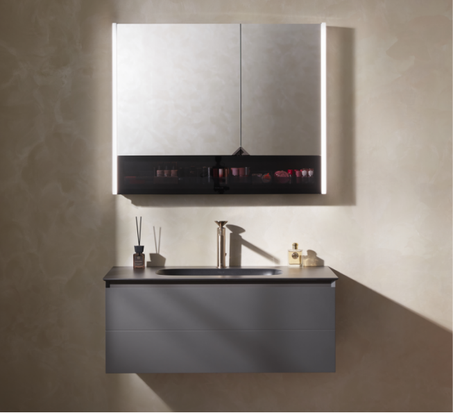 Modern bathroom vanity with sleek wood cabinet and stone countertop at 2026 Shanghai Kitchen & Bath Expo