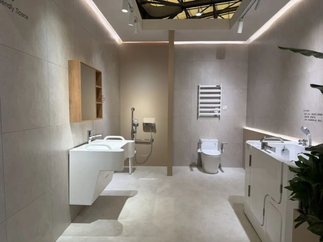 Modern bathroom vanity with wood-grain cabinet, rectangular vessel sink, and matte black faucet at 2026 Shanghai KBC Exp