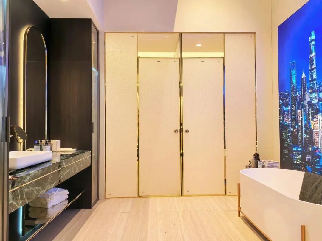 Modern bathroom vanity with sleek wood cabinet and stone countertop at 2026 Shanghai Kitchen & Bath Expo