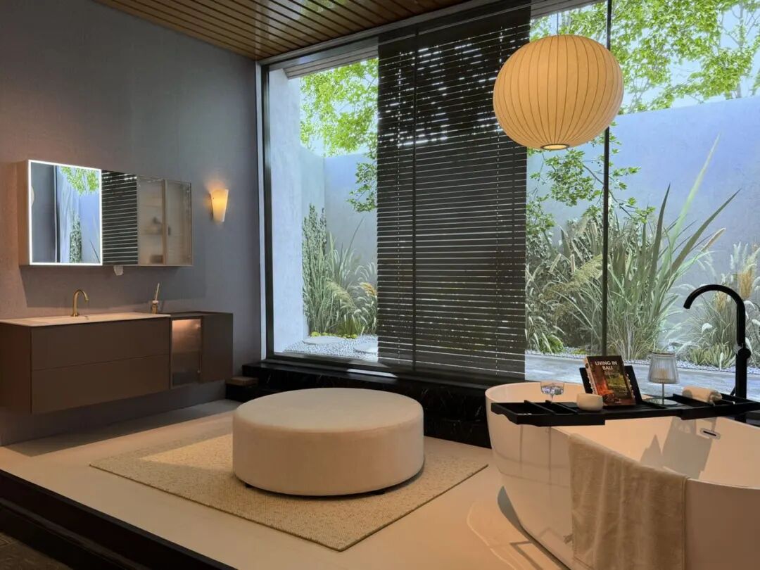 Modern bathroom vanity with wood-grain cabinet, vessel sink, and minimalist mirror at 2026 Shanghai KBC Expo
