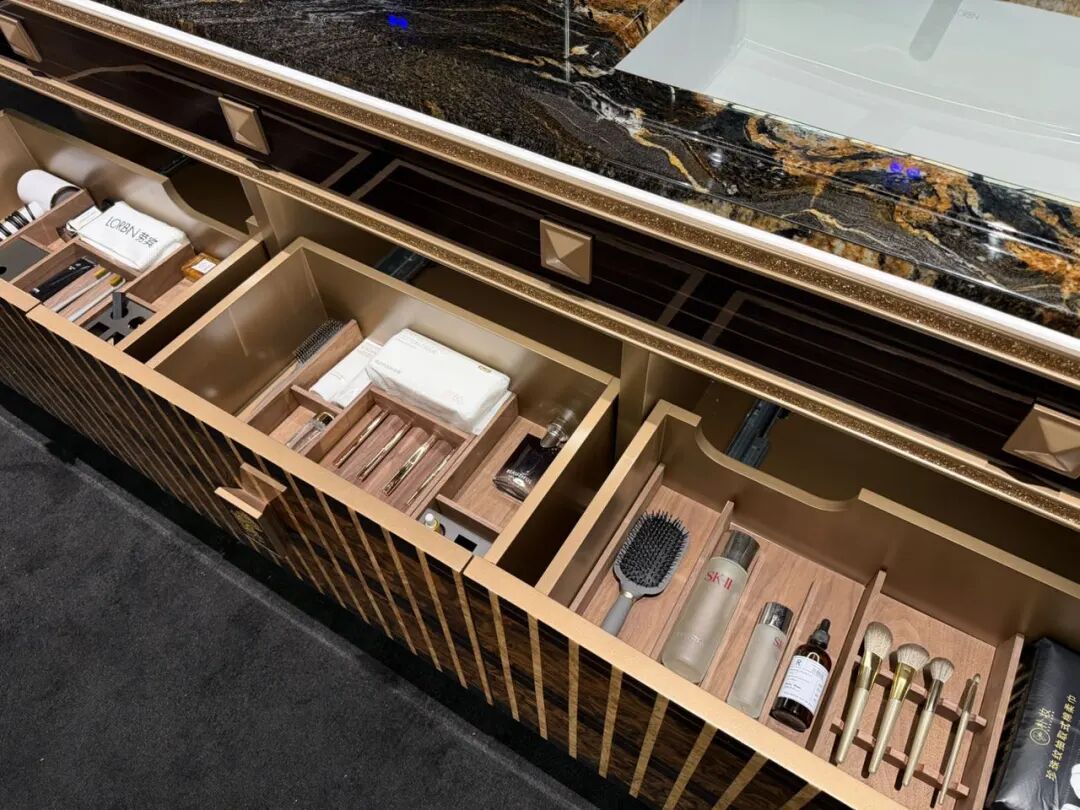 Modern bathroom vanity with wood-grain cabinet, stone countertop and round mirror at 2026 Shanghai KBC Expo