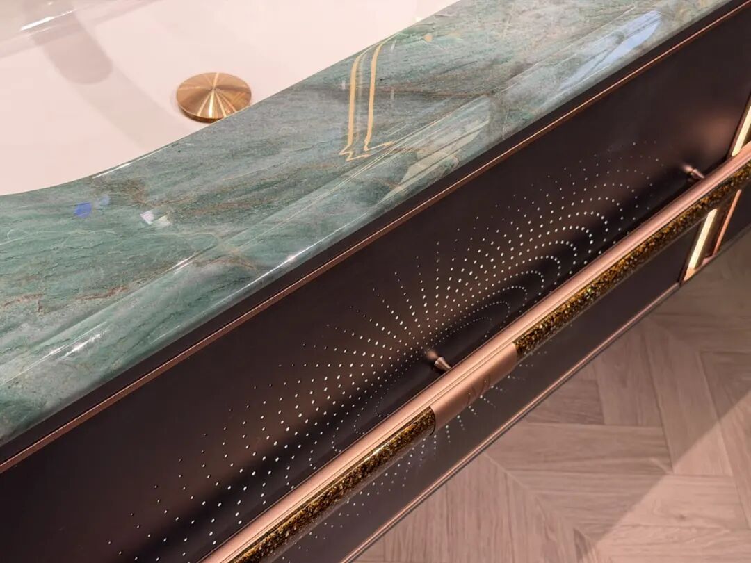 Modern bathroom vanity with wood-grain cabinet, white countertop, and round mirror at 2026 Shanghai KBC Expo
