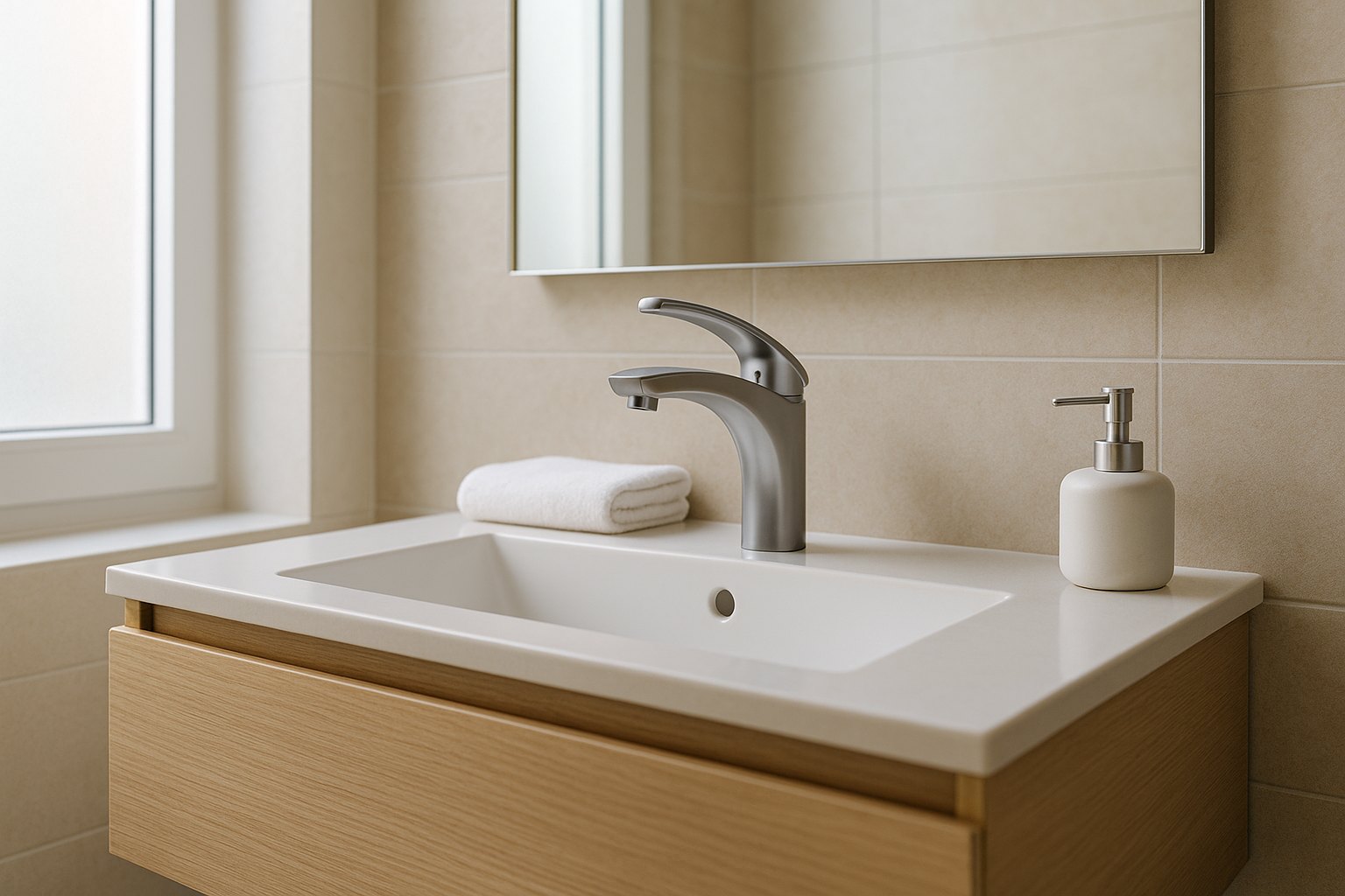 VIGA single-handle basin mixer on a compact Hong Kong bathroom vanity