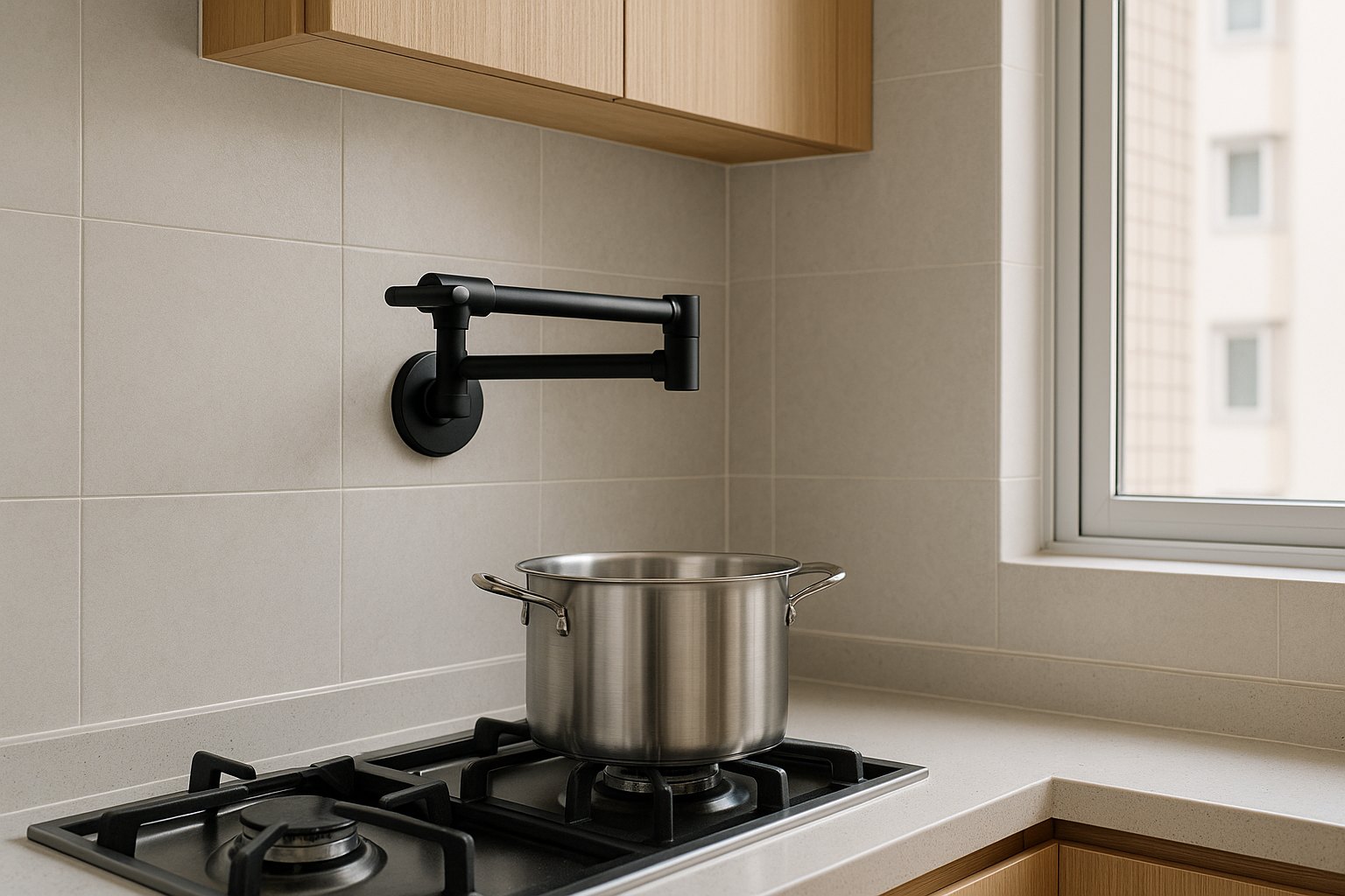 VIGA wall-mounted pot filler in a compact Hong Kong apartment kitchen
