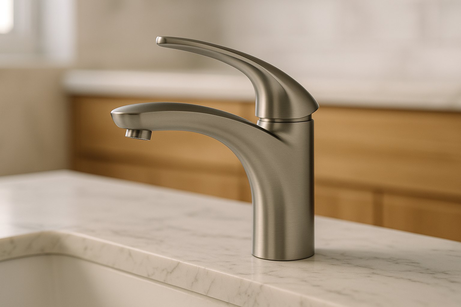 Close-up of a VIGA basin mixer on a marble countertop
