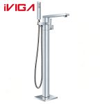 Polished chrome freestanding bathtub faucet VIGA 1146000CH floor‑mount square tub tap with handheld shower hose white background