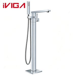 Polished chrome freestanding bathtub faucet VIGA 1146000CH floor‑mount square tub tap with handheld shower hose white background