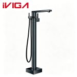 Matte black freestanding bathtub faucet VIGA 114600BYB floor‑mount square tub tap with handheld shower hose white background