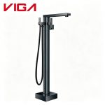 Matte black freestanding bathtub faucet VIGA 114600BYB floor‑mount square tub tap with handheld shower hose white background