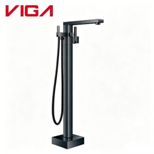 Matte black freestanding bathtub faucet VIGA 114600BYB floor‑mount square tub tap with handheld shower hose white background