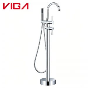 Chrome freestanding bathtub faucet with handheld shower for modern bathroom