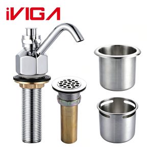 VIGA 23164A1C dipper well set, commercial dipper well faucet, brass drain assembly and 304 stainless steel bowls on white background