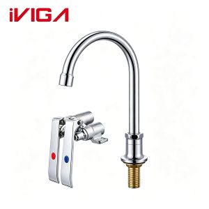 2316500C chrome knee operated kitchen faucet with dual handle foot valve on white background