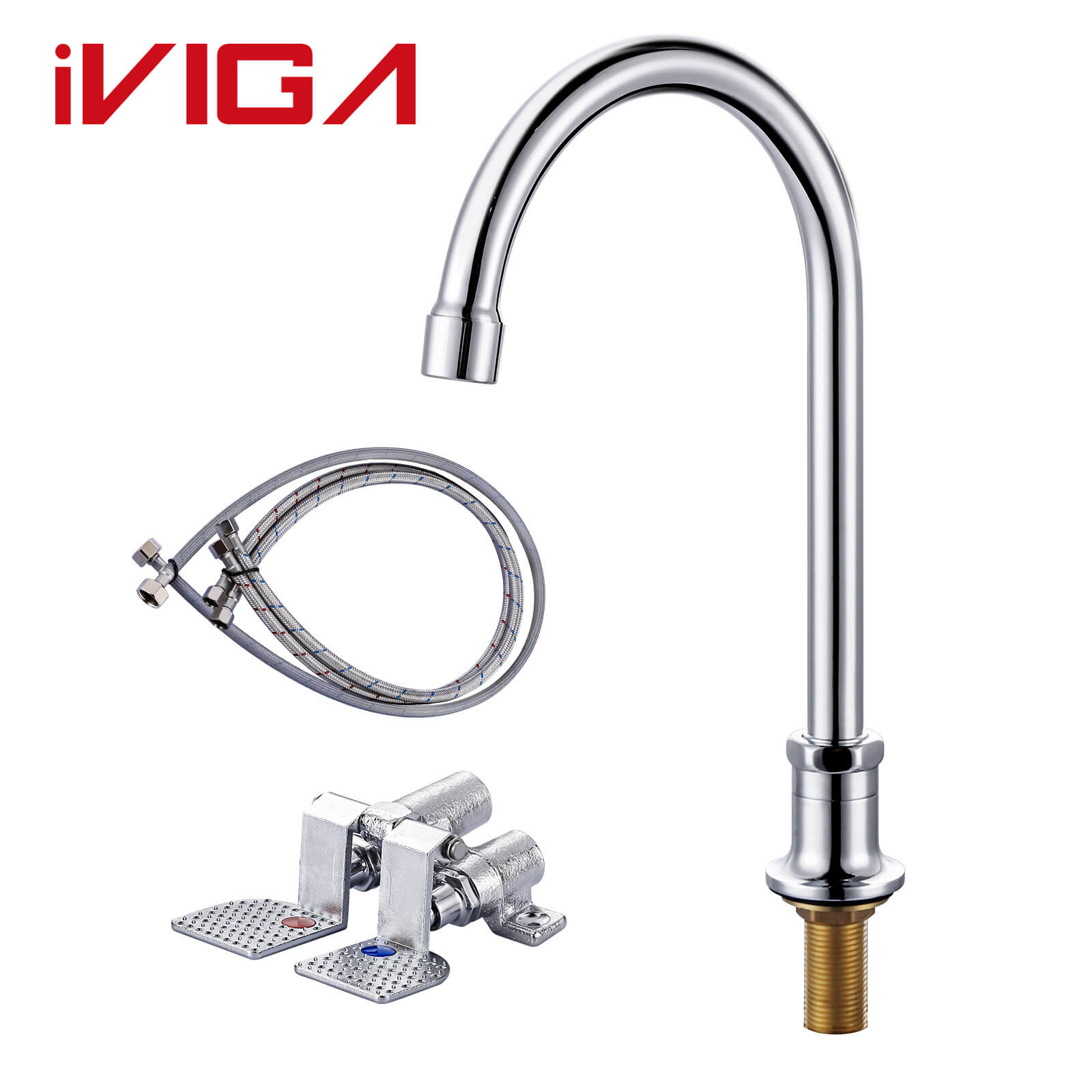 2316600C‑01 Chrome Foot Pedal Kitchen Faucet, Heavy‑Duty Hands‑Free Commercial Bar Faucet with Dual Foot Valve Set