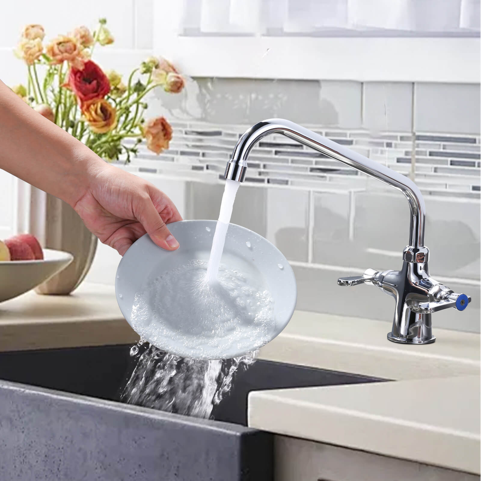 2318100C‑10 Two Handle Commercial Kitchen Faucet, 360° Swivel Bar Faucet Chrome Finish 2 - - 2