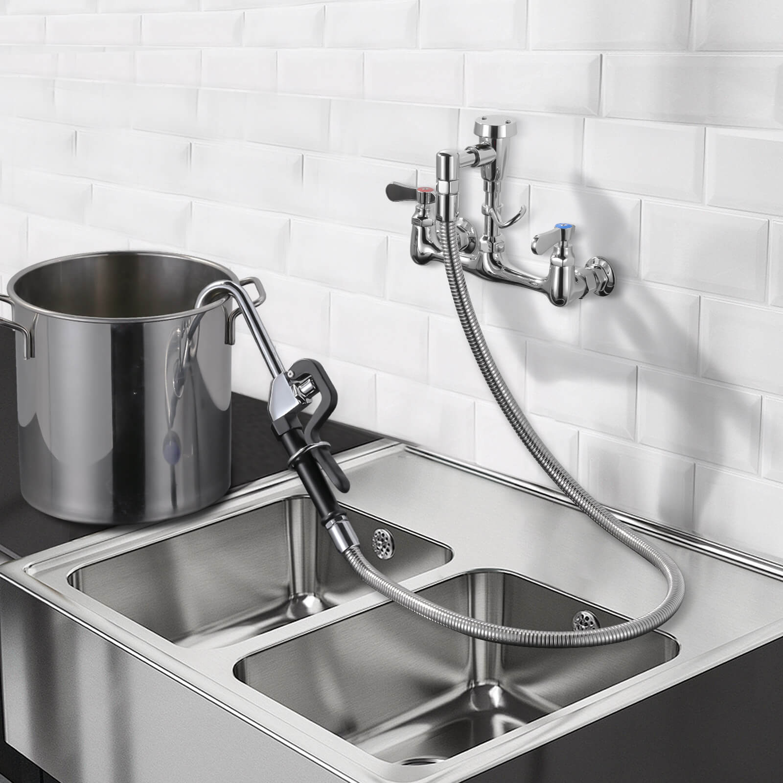2318500 Commercial Pot Bucket Filling Faucet, Chrome Dual‑Handle Wall Mount Pre‑Rinse Commercial Kitchen Faucet 2 - - 2