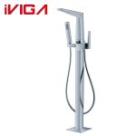 VIGA 334600CH chrome freestanding tub faucet modern square floor mount bathtub faucet with hand shower on white background