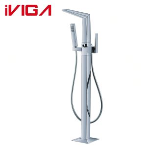 VIGA 334600CH chrome freestanding tub faucet modern square floor mount bathtub faucet with hand shower on white background