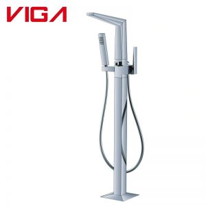 VIGA 334600CH chrome freestanding tub faucet modern square floor mount bathtub faucet with hand shower on white background