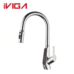 VIGA 49321101 chrome pull‑down touchless bathroom faucet with high‑arc gooseneck spout on pure white background
