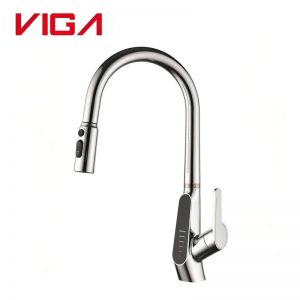 VIGA 49321101 chrome pull‑down touchless bathroom faucet with high‑arc gooseneck spout on pure white background