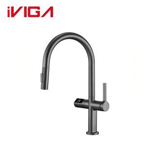 VIGA 49331205 gunmetal grey pull-down kitchen faucet with LED real‑time temperature digital display on pure white background
