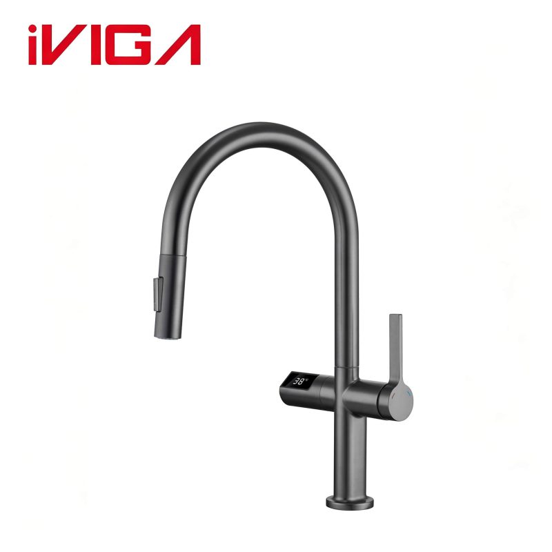 VIGA 49331205 Gunmetal Grey Pull-Down Kitchen Faucet, High‑Arc Tap With LED Water‑Temperature Digital Display 1 - - 1