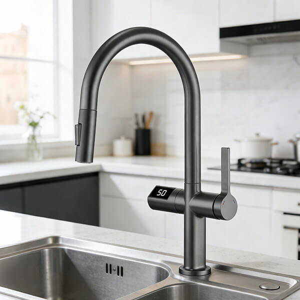 VIGA 49331205 Gunmetal Grey Pull-Down Kitchen Faucet, High‑Arc Tap With LED Water‑Temperature Digital Display 2 - - 2