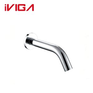Wall mounted sensor bathroom faucet, VIGA 49743500 round‑plate chrome touch free wall faucet, concealed automatic basin tap on pure‑white background